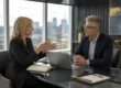 Executive coaching conversation between a coach and senior leader in a modern boardroom