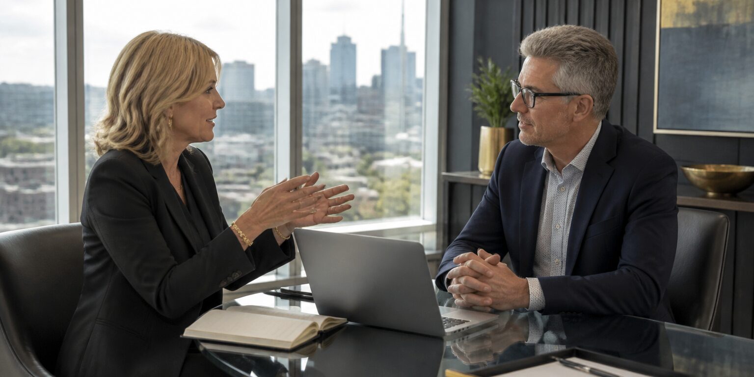 Executive coaching session in a modern boardroom Executive coaching conversation between a coach and senior leader in a modern boardroom