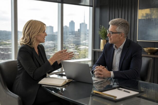 Executive coaching conversation between a coach and senior leader in a modern boardroom
