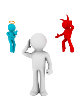 Business Ethics - Graphic of person on a phone with an angel and devil behind them