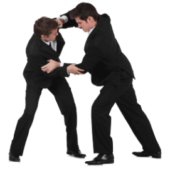 Conflict Management - Two men lock arms in a conflict
