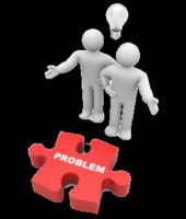 Creative Problem Solving - Graphic problem puzzle piece with two people and a solution