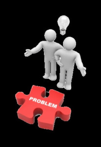 Graphic problem puzzle piece with two people and a solution