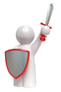 Graphic of figure with sword and shield