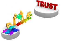Graphic of figures placing puzzle pieces together towards trust