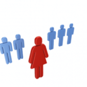 Graphic of woman in red out in front leading women in blue